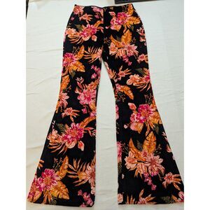 No Boundaries Floral Flare Pants Womens M 7-9 Black Pink Boho Retro Soft
